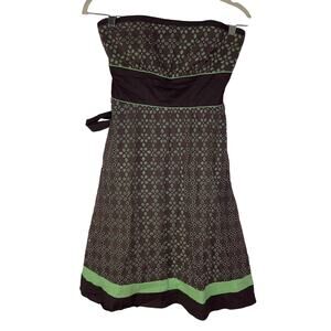 Vintage Y2K Teeze Me Women's 5 Dress Strapless‎ Brown Green Eyelet Tie Waist